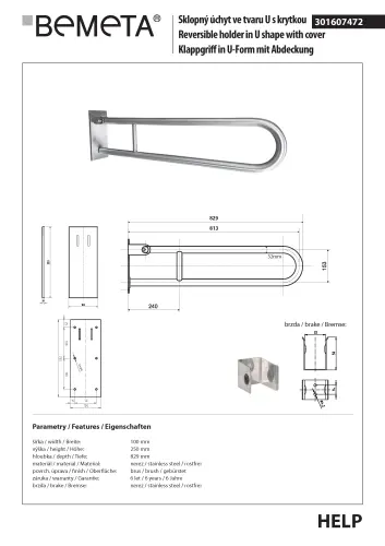 Poręcz składana typu U 813 mm z kołnierzem osłonowym stal szczotkowana HELP 301607472 Bemeta techniczny