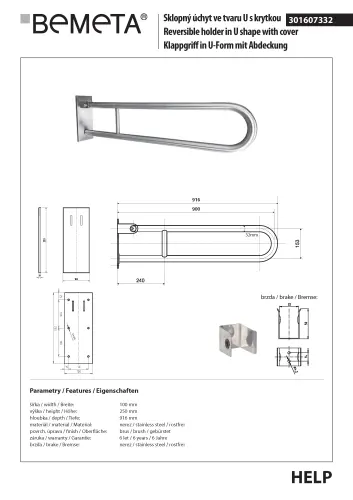Poręcz składana typu U 900 mm z kołnierzem osłonowym stal szczotkowana HELP 301607332 Bemeta techniczny