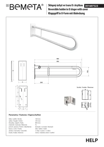 Poręcz uchylna typu U 850 mm z kołnierzem osłonowym biała HELP 301607323 Bemeta techniczny