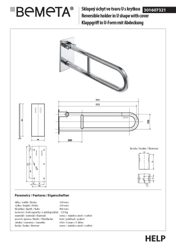 Poręcz uchylna typu U 850 mm z kołnierzem osłonowym stal nierdzewna HELP 301607321 Bemeta techniczny