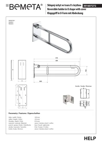 Poręcz uchylna typu U 600 mm z kołnierzem osłonowym stal szczotkowana HELP 301707272 Bemeta techniczny