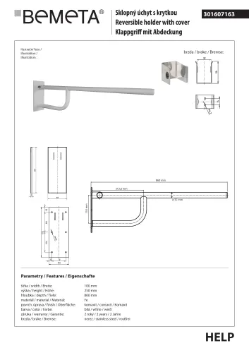 Poręcz składana 850 mm z kołnierzem osłonowym biała HELP 301607163 Bemeta techniczny