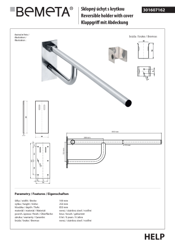 Poręcz składana 850 mm z kołnierzem osłonowym stal szczotkowana HELP 301607162 Bemeta techniczny