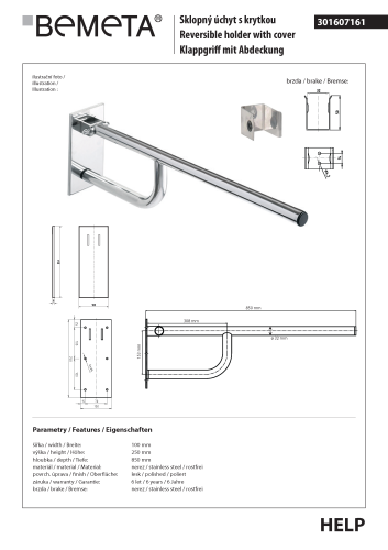 Poręcz składana 850 mm z kołnierzem osłonowym stal nierdzewna HELP 301607161 Bemeta techniczny
