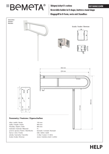 Poręcz składana typu U 850 mm z nogą podporową biała HELP 301606324N Bemeta techniczny