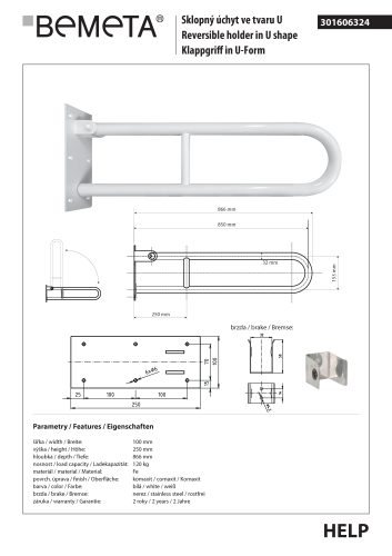 Poręcz składana typu U 850 mm biała HELP 301606324 Bemeta techniczny