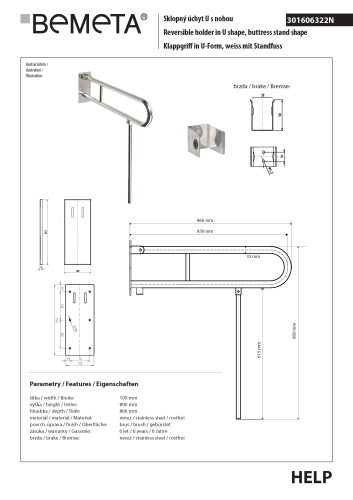 Poręcz składana typu U 850 mm z nogą podporową stal szczotkowana HELP 301606322N Bemeta techniczny