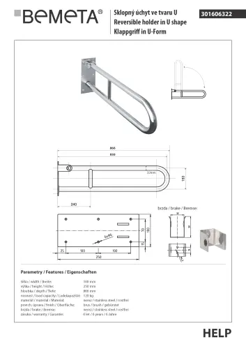 Poręcz składana typu U 850 mm stal szczotkowana HELP 301606322 Bemeta techniczny