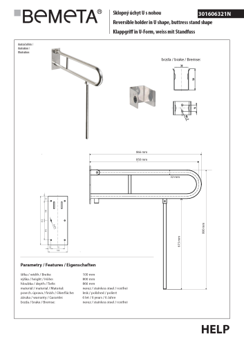 Poręcz składana typu U 850 mm z nogą podporową stal nierdzewna HELP 301606321N Bemeta techniczny