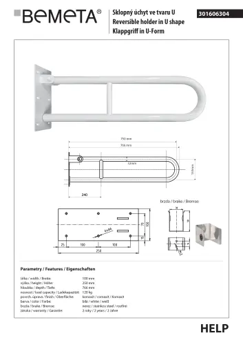 Poręcz składana typu U 750 mm biała HELP 301606304 Bemeta techniczny