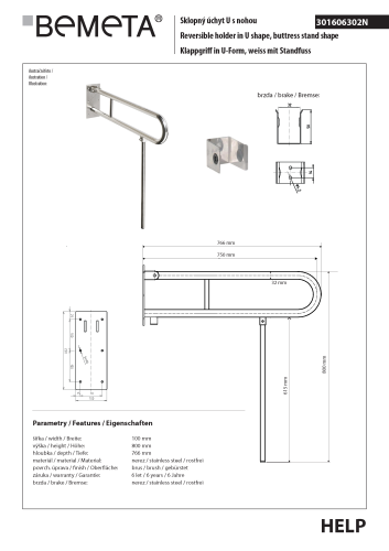 Poręcz składana typu U 750 mm z nogą podporową stal szczotkowana HELP 301606302N Bemeta techniczny