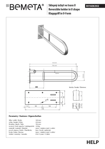 Poręcz składana typu U 750 mm stal szczotkowana HELP 301606302 Bemeta techniczny