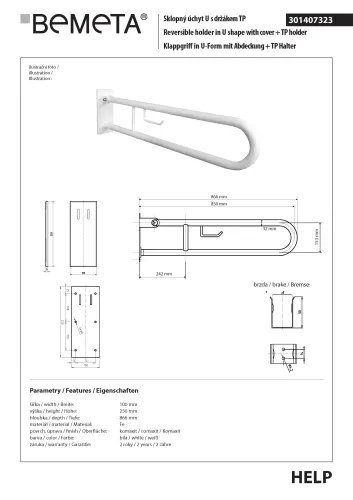 Poręcz uchylna typu U 850 mm z kołnierzem osłonowym z uchwytem na papier, biała HELP 301407323 Bemeta wymiary