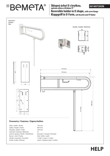 Poręcz składana typu U 750 mm z nogą podporową z uchwytem na papier z kołnierzem osłonowym biała HELP 301407303N Bemeta wymiary