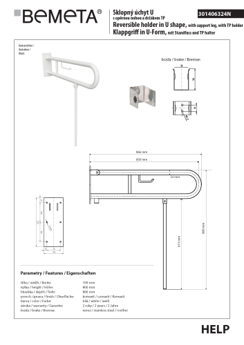 Poręcz składana typu U 850 mm z nogą podporową z uchwytem na papier biała HELP 301406324N Bemeta wymiary