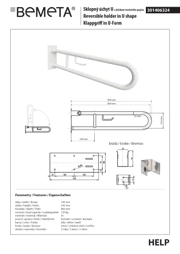 Poręcz składana typu U 850 mm z uchwytem na papier biała HELP 301406324 Bemeta wymiary