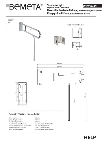 Poręcz składana typu U 850 mm z nogą podporową z uchwytem na papier stal szczotkowana HELP 301406322N Bemeta wymiary
