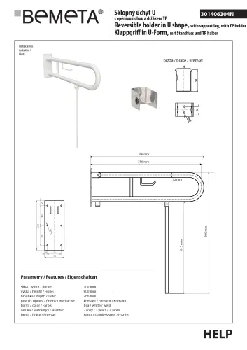 Poręcz składana typu U 750 mm z nogą podporową z uchwytem na papier biała HELP 301406304N Bemeta wymiary