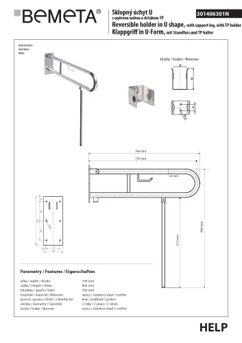 Poręcz składana typu U 750 mm z uchwytem na papier stal nierdzewna HELP 301406301 Bemeta wymiary