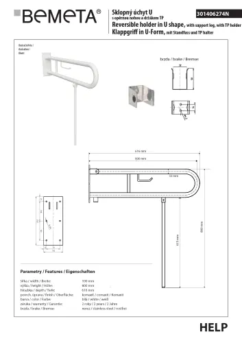 Poręcz składana typu U 600 mm z nogą podporową z uchwytem na papier biała HELP 301406274N Bemeta wymiary