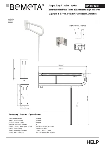 Poręcz składana typu U 850 mm z nogą podporową z kołnierzem osłonowym biała HELP 301307323N Bemeta techniczny