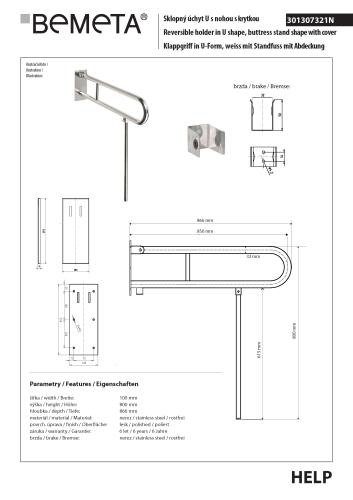 Poręcz składana typu U 850 mm z nogą podporową z kołnierzem osłonowym stal nierdzewna HELP 301307321N Bemeta techniczny