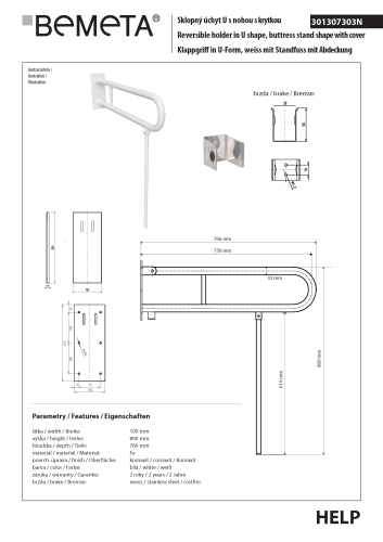 Poręcz składana typu U 750 mm z nogą podporową z kołnierzem osłonowym biała HELP 301307303N Bemeta techniczny