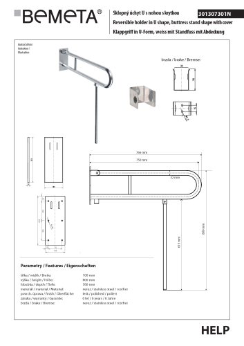 Poręcz składana typu U 750 mm z nogą podporową z kołnierzem osłonowym stal nierdzewna HELP 301307301N Bemeta techniczny