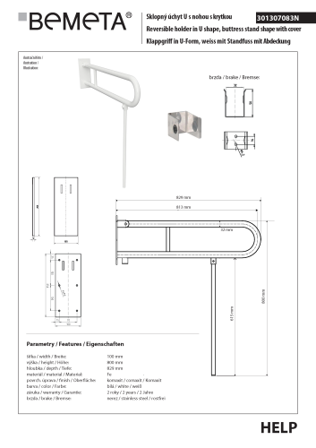 Poręcz składana typu U 813 mm z nogą podporową z kołnierzem osłonowym biała HELP 301307083N Bemeta techniczny