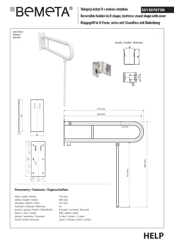 Poręcz składana typu U 600 mm z nogą podporową z kołnierzem osłonowym biała HELP 301307073N Bemeta wymiary