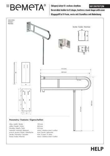 Poręcz składana typu U 600 mm z nogą podporową z kołnierzem osłonowym stal szczotkowana HELP 301307072N Bemeta wymiary