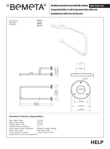 Poręcz prawa biała z uchwytem na ręcznik z kołnierzem osłonowym HELP 301122113 Bemeta wymiary