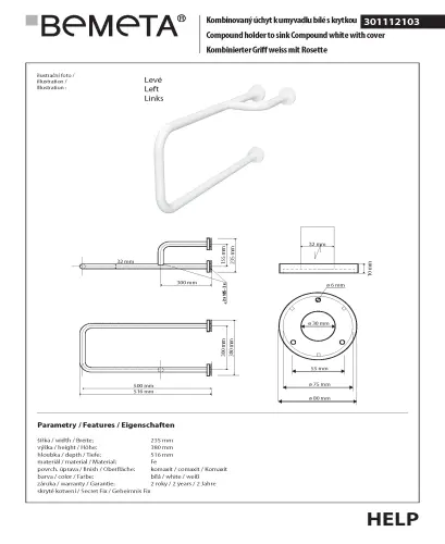 Poręcz lewa biała z uchwytem na ręcznik z kołnierzem osłonowym HELP 301112103 Bemeta wymiary