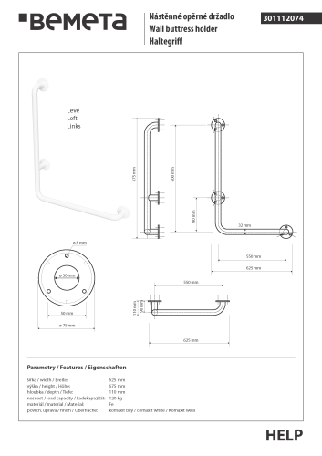 Poręcz kątowa ścienna prawa 60 x 60 cm biała HELP 301112074 Bemeta wymiary