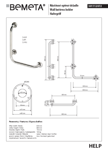 Poręcz kątowa ścienna prawa 60 x 60 cm stal nierdzewna szczotkowana HELP 301112072 Bemeta wymiary