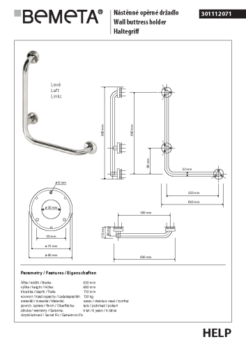 Poręcz kątowa ścienna prawa 60 x 60 cm stal nierdzewna HELP 301112071 Bemeta wymiary