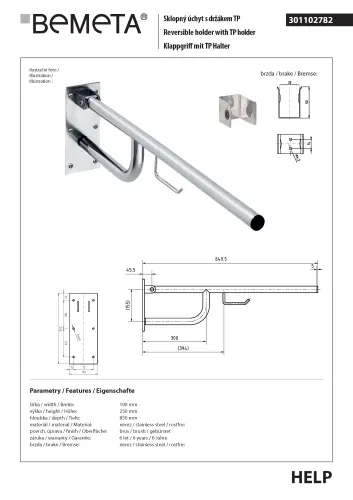 Poręcz składana 85 cm z uchwytem na papier stal szczotkowana HELP 301102782 Bemeta wymiary