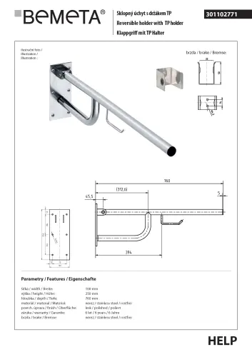 Poręcz składana 76 cm z uchwytem na papier stal nierdzewna HELP 301102771 Bemeta wymiary
