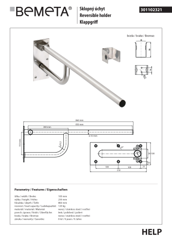 Poręcz składana 85 cm stal nierdzewna HELP 301102321 Bemeta wymiary