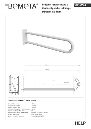 Poręcz typu U 750 mm biała HELP 301102304 Bemeta