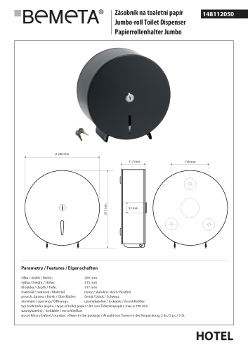 Zasobnik na papier toaletowy fi 200 mm czarny HOTEL 148112050 Bemeta wymiary