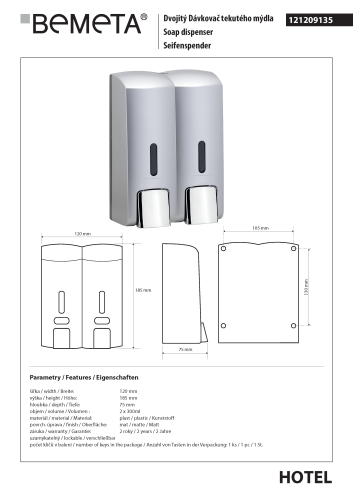 Dozownik do mydła podwójny 2 x 300 ml szary mat HOTEL 121209135 Bemeta techniczny