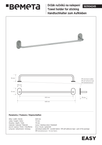 Wieszak na ręcznik 60 cm stal nierdzewna szczotkowana EASY 163104245 Bemeta wymiary