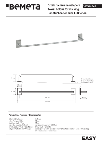 Wieszak na ręcznik 60 cm stal nierdzewna szczotkowana EASY 163104045 Bemeta wymiary