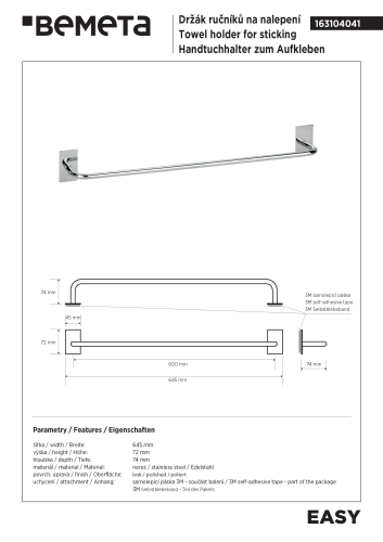 Wieszak na ręcznik 60 cm stal nierdzewna polerowana EASY 163104041 Bemeta wymiary