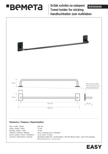 Wieszak na ręcznik 60 cm czarny mat EASY 163104040 Bemeta wymiary