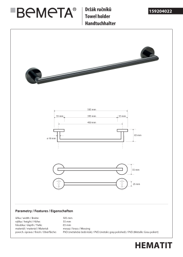 Wieszak na ręcznik 45 cm HEMATIT 159204022 Bemeta wymiary