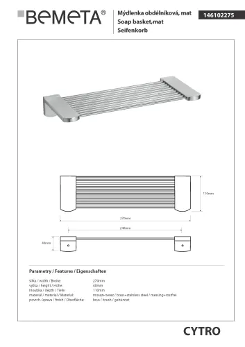 Mydelniczka prostokątna 27 x 11 cm CYTRO 146102275 Bemeta wymiary