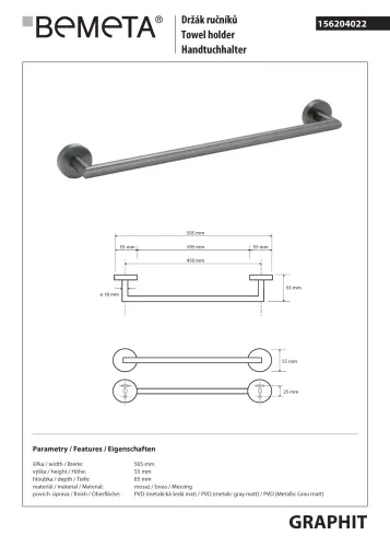 Wieszak na ręcznik 45 cm GRAPHIT 156204022 Bemeta wymiary