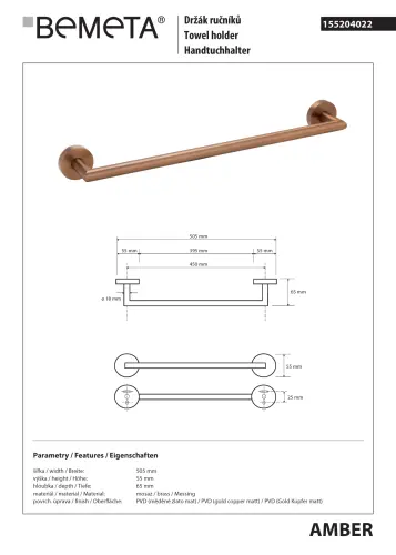 Wieszak na ręcznik 45 cm AMBER 155204022 Bemeta wymiary